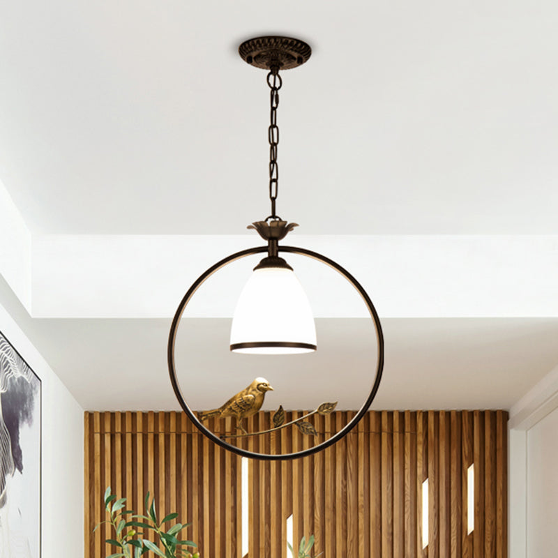 Bell Handblown Glass Ceiling Light Retro Single Dining Room Hanging Light with Bird and Branch Decor in Black