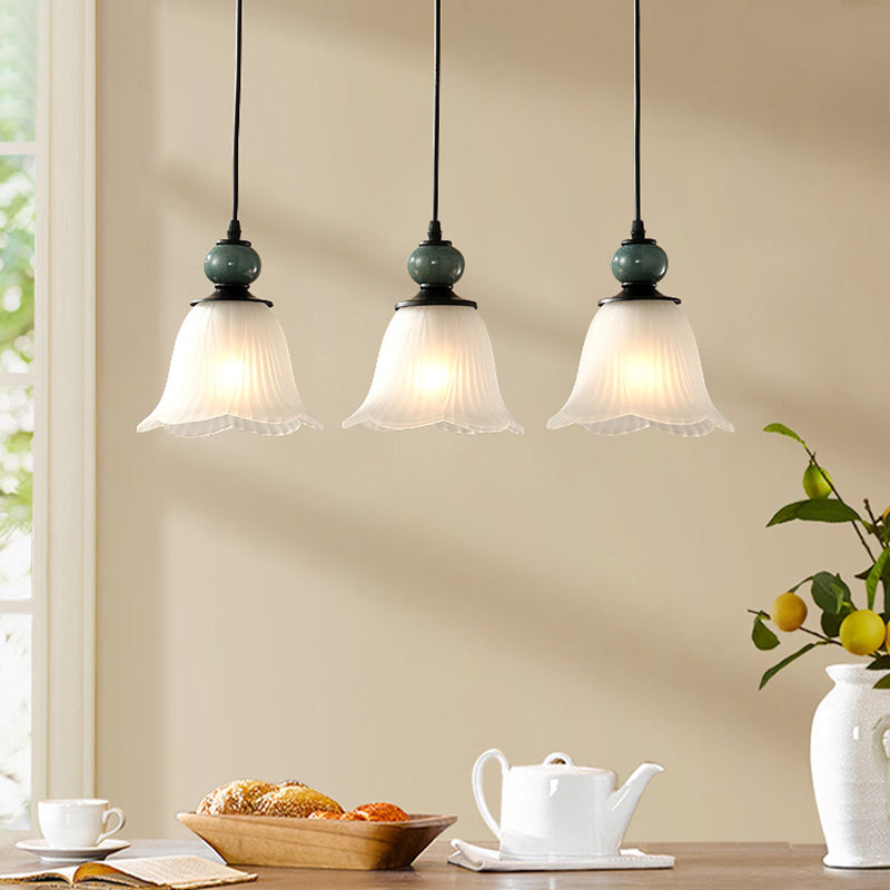 3 Bulbs Multi Light Pendant Retro Style Floral Shade Ribbed Ruffled Glass Hanging Lighting in Black