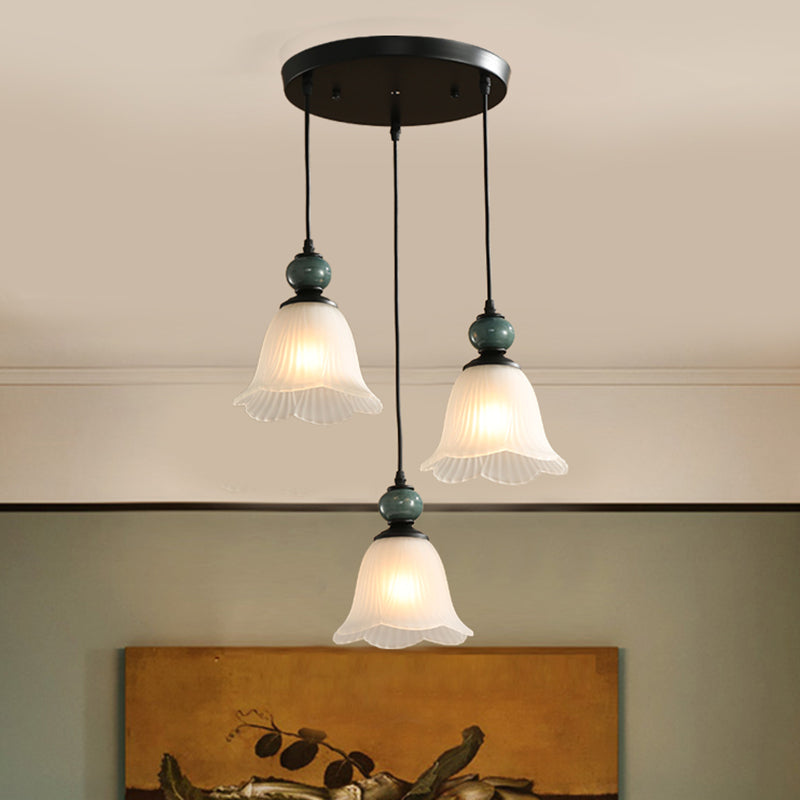 3 Bulbs Multi Light Pendant Retro Style Floral Shade Ribbed Ruffled Glass Hanging Lighting in Black