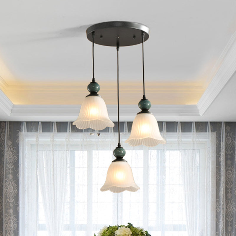 3 Bulbs Multi Light Pendant Retro Style Floral Shade Ribbed Ruffled Glass Hanging Lighting in Black