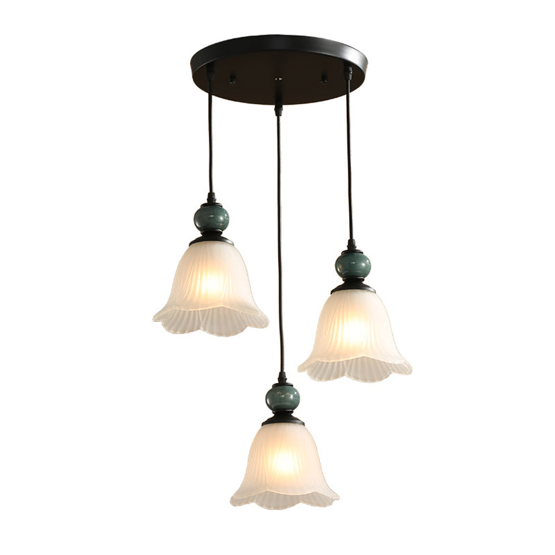 3 Bulbs Multi Light Pendant Retro Style Floral Shade Ribbed Ruffled Glass Hanging Lighting in Black