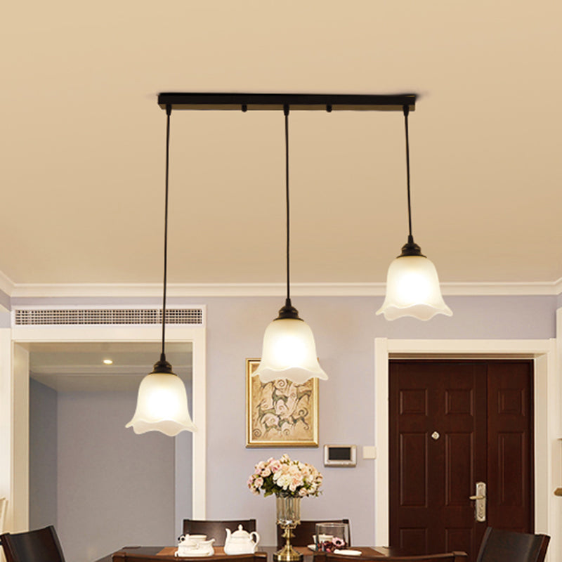 Tapered Dining Room Multi Ceiling Lamp Rustic Frosted Glass 3 Heads Black Suspension Light Fixture