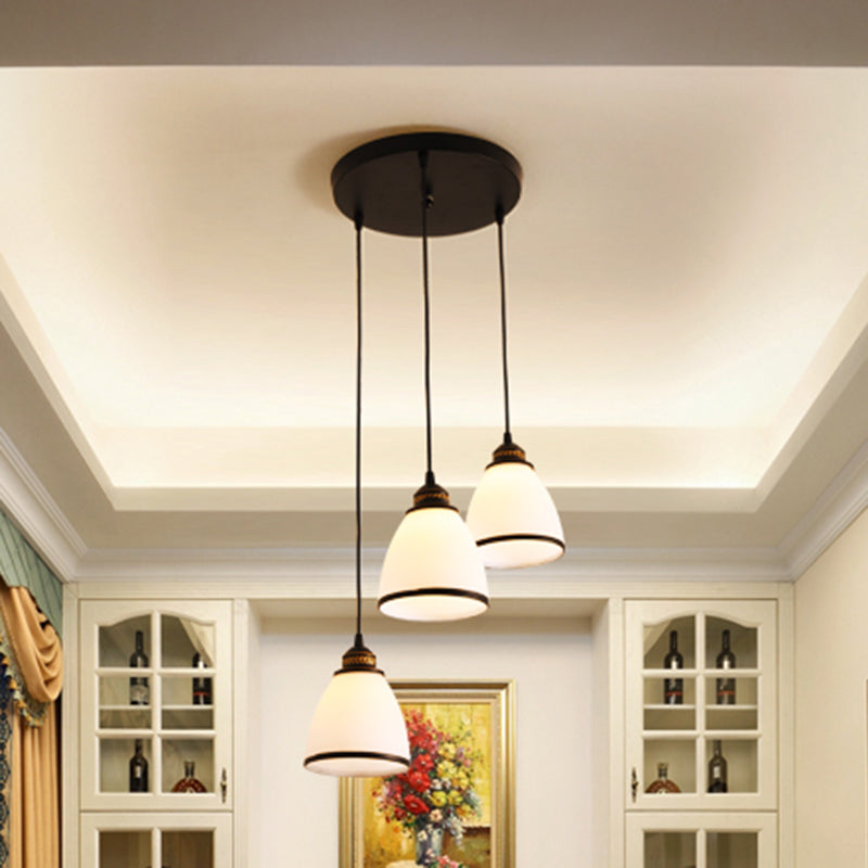 Tapered Dining Room Multi Ceiling Lamp Rustic Frosted Glass 3 Heads Black Suspension Light Fixture