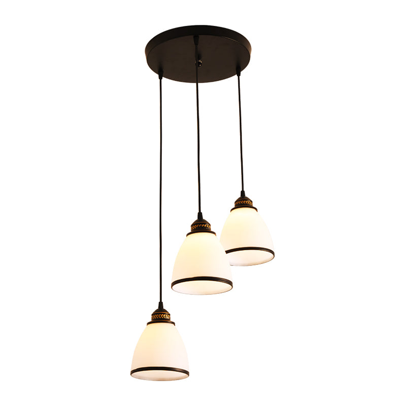 Tapered Dining Room Multi Ceiling Lamp Rustic Frosted Glass 3 Heads Black Suspension Light Fixture