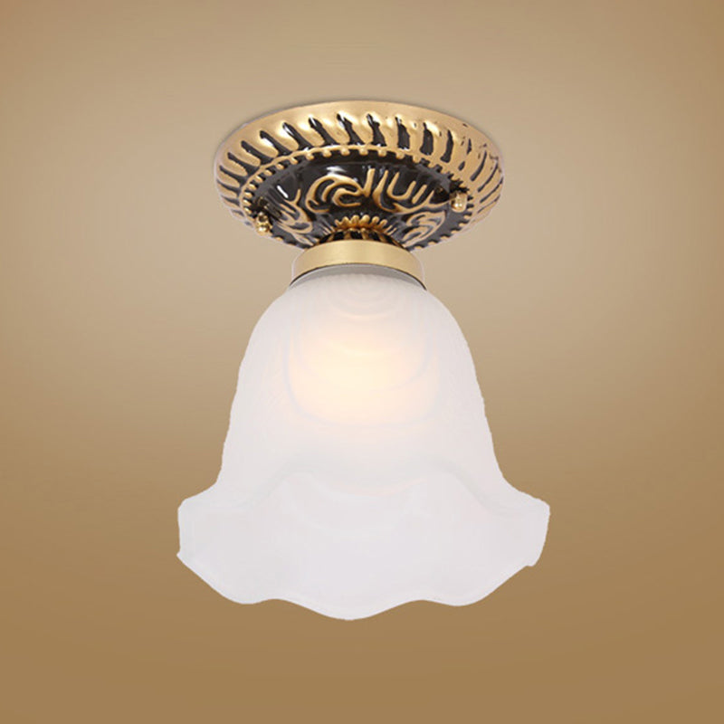 1 Bulb Flush Mount Light Retro Flower Shade White Frosted Glass Semi Flush Ceiling Light