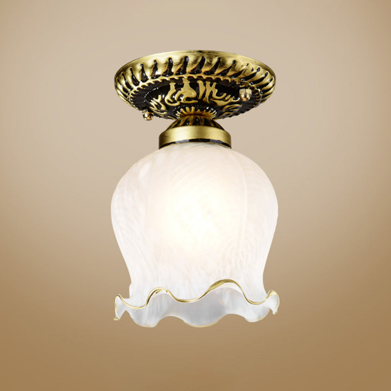 1 Bulb Flush Mount Light Retro Flower Shade White Frosted Glass Semi Flush Ceiling Light