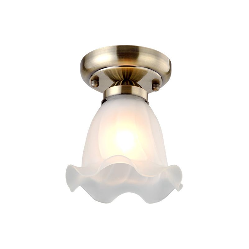 1 Bulb Flush Mount Light Retro Flower Shade White Frosted Glass Semi Flush Ceiling Light