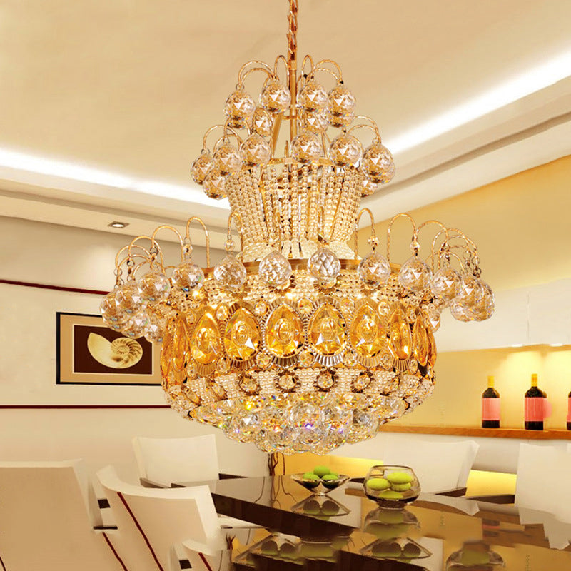 Contemporary Gourd Ceiling Light Crystal 6 Light Gold Hanging Light Fixture for Dining Room, 18"/23.5" Wide