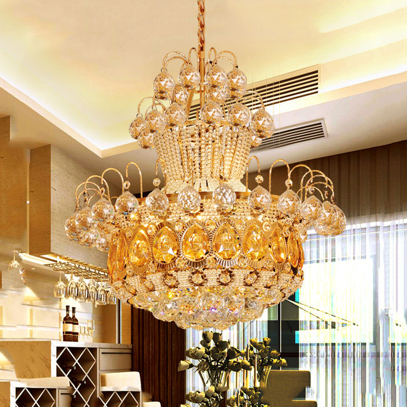 Contemporary Gourd Ceiling Light Crystal 6 Light Gold Hanging Light Fixture for Dining Room, 18"/23.5" Wide