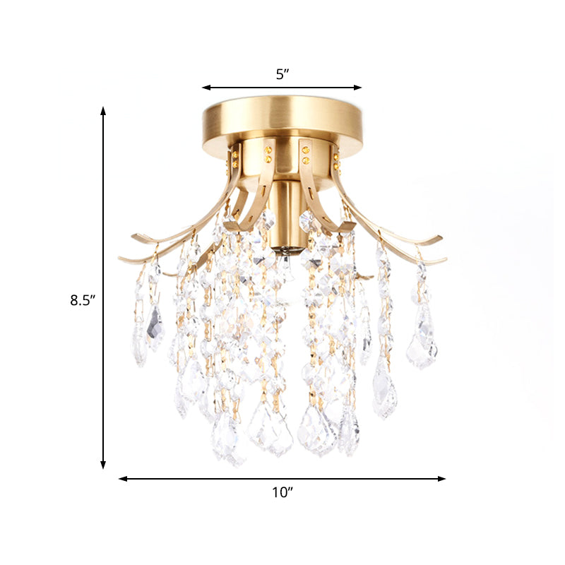 Raindrop Semi Flush Mount Light Postmodern Metal 1 Light Brass Corridor Ceiling Light with Crystal Accent