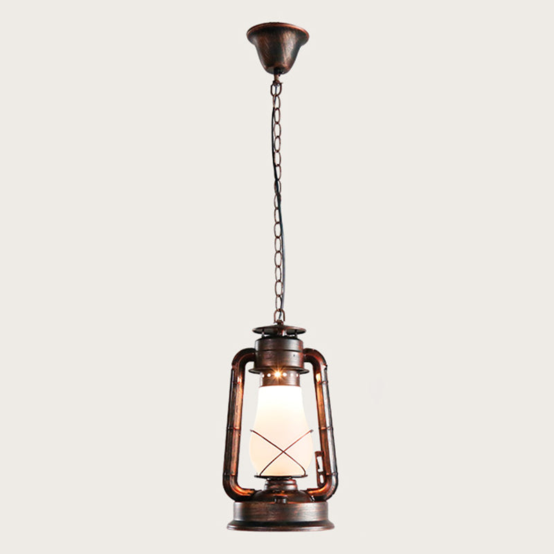 Antique Lantern Kerosene Light 1-Light Frosted Glass Hanging Light Fixture for Bedside