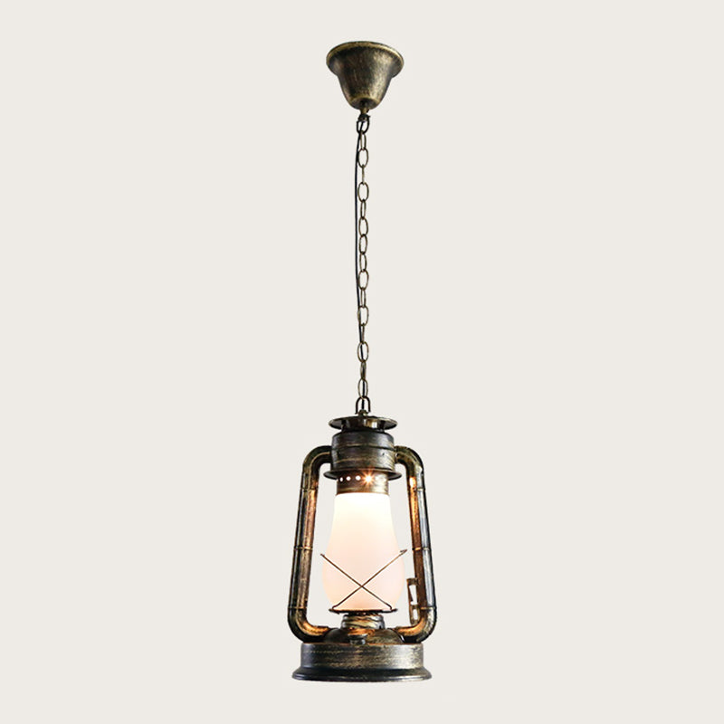 Antique Lantern Kerosene Light 1-Light Frosted Glass Hanging Light Fixture for Bedside