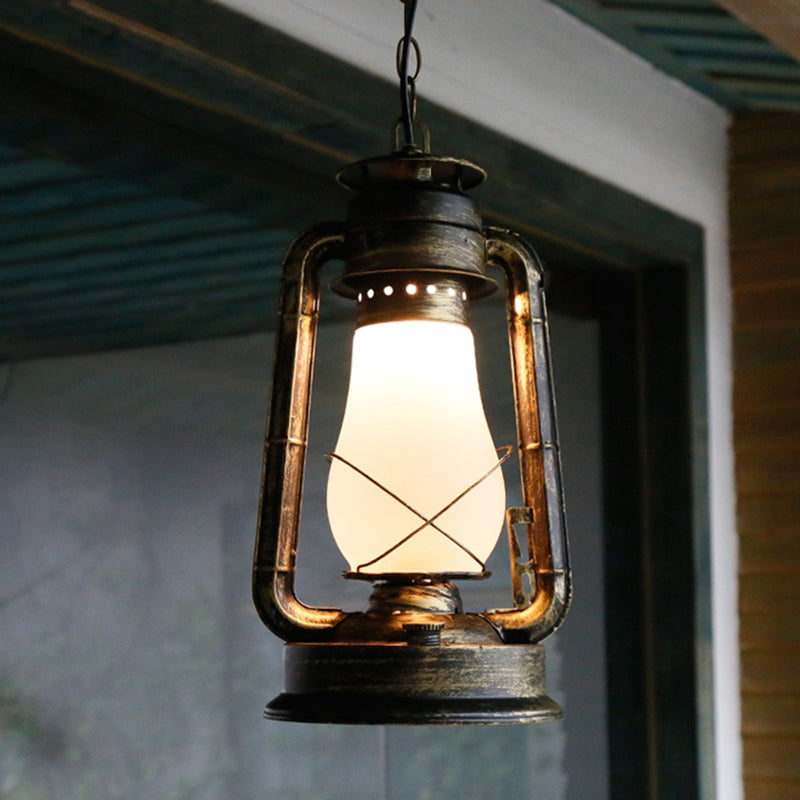 Antique Lantern Kerosene Light 1-Light Frosted Glass Hanging Light Fixture for Bedside