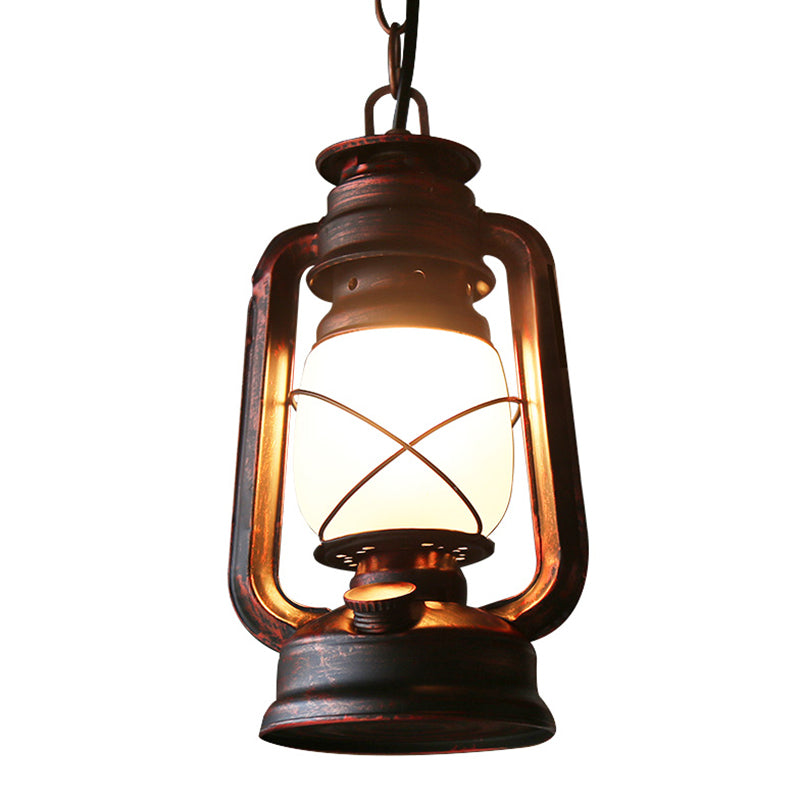 Antique Lantern Kerosene Light 1-Light Frosted Glass Hanging Light Fixture for Bedside