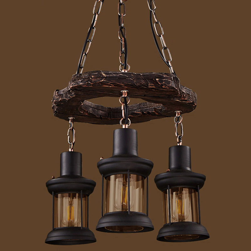 Distressed Wood Lantern Suspension Light Retro Style Clear Glass Restaurant Chandelier Light