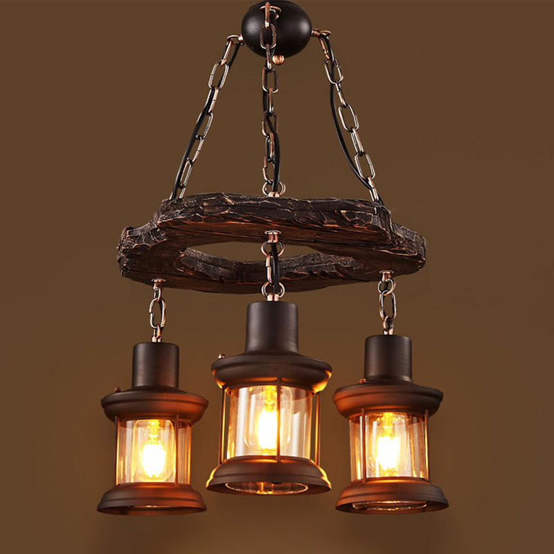 Distressed Wood Lantern Suspension Light Retro Style Clear Glass Restaurant Chandelier Light