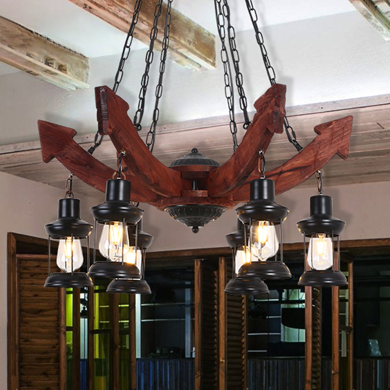 Lantern Iron Ceiling Lighting Nautical Restaurant Chandelier Light Fixture in Wood