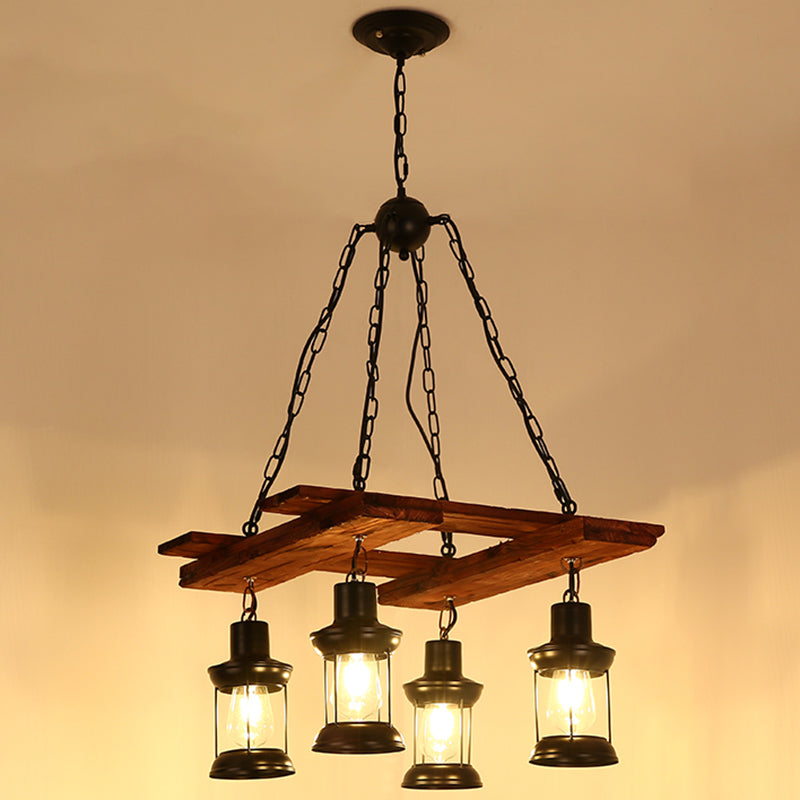 Lantern Iron Ceiling Lighting Nautical Restaurant Chandelier Light Fixture in Wood