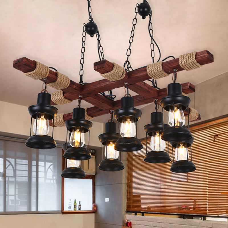 Lantern Iron Ceiling Lighting Nautical Restaurant Chandelier Light Fixture in Wood