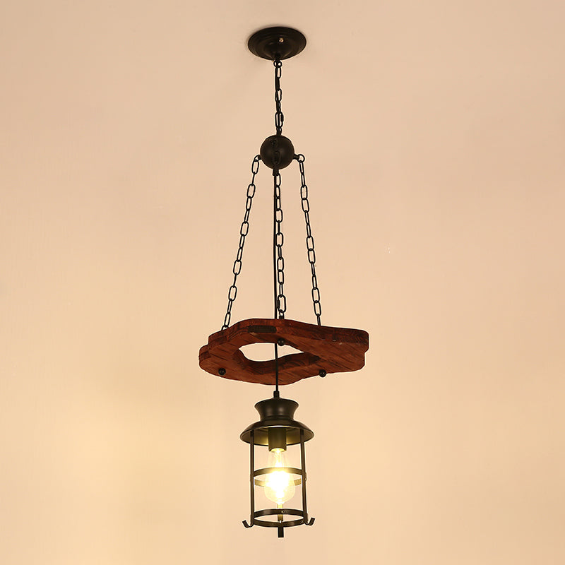 Lantern Iron Ceiling Lighting Nautical Restaurant Chandelier Light Fixture in Wood