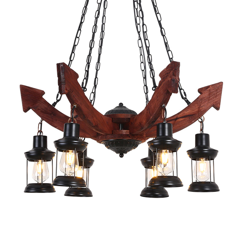 Lantern Iron Ceiling Lighting Nautical Restaurant Chandelier Light Fixture in Wood