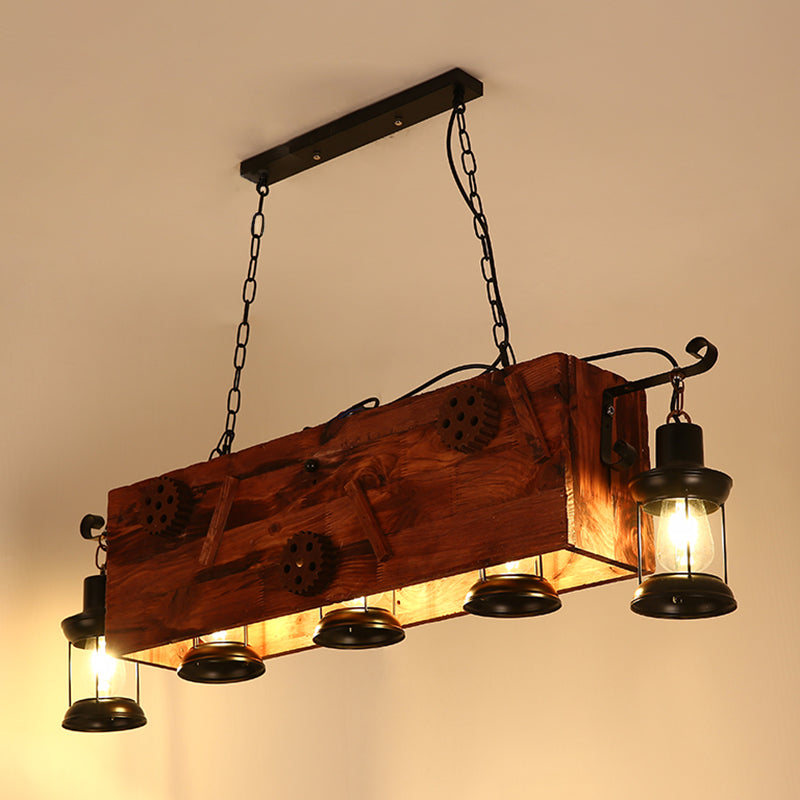 Lantern Iron Ceiling Lighting Nautical Restaurant Chandelier Light Fixture in Wood