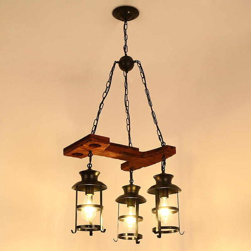 Lantern Iron Ceiling Lighting Nautical Restaurant Chandelier Light Fixture in Wood