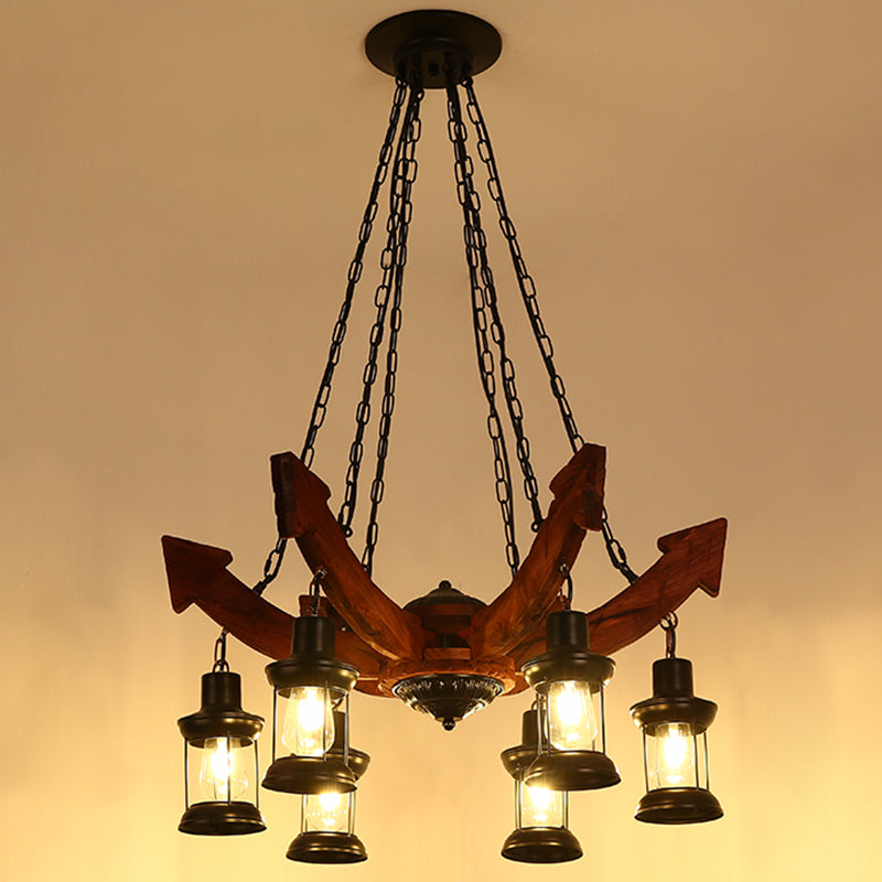 Lantern Iron Ceiling Lighting Nautical Restaurant Chandelier Light Fixture in Wood