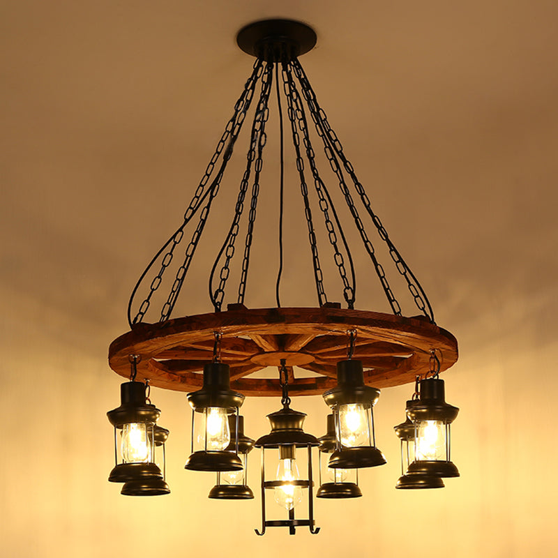 Lantern Iron Ceiling Lighting Nautical Restaurant Chandelier Light Fixture in Wood