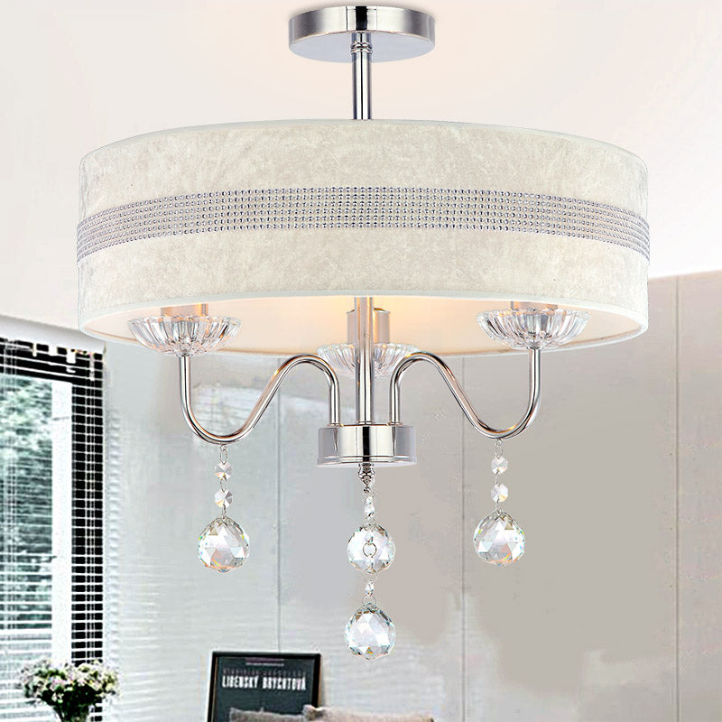 Nordic Drum Fabric Chandelier Light 3/4 Lights Ceiling Light with Crystal Drop in Chrome for Bedroom