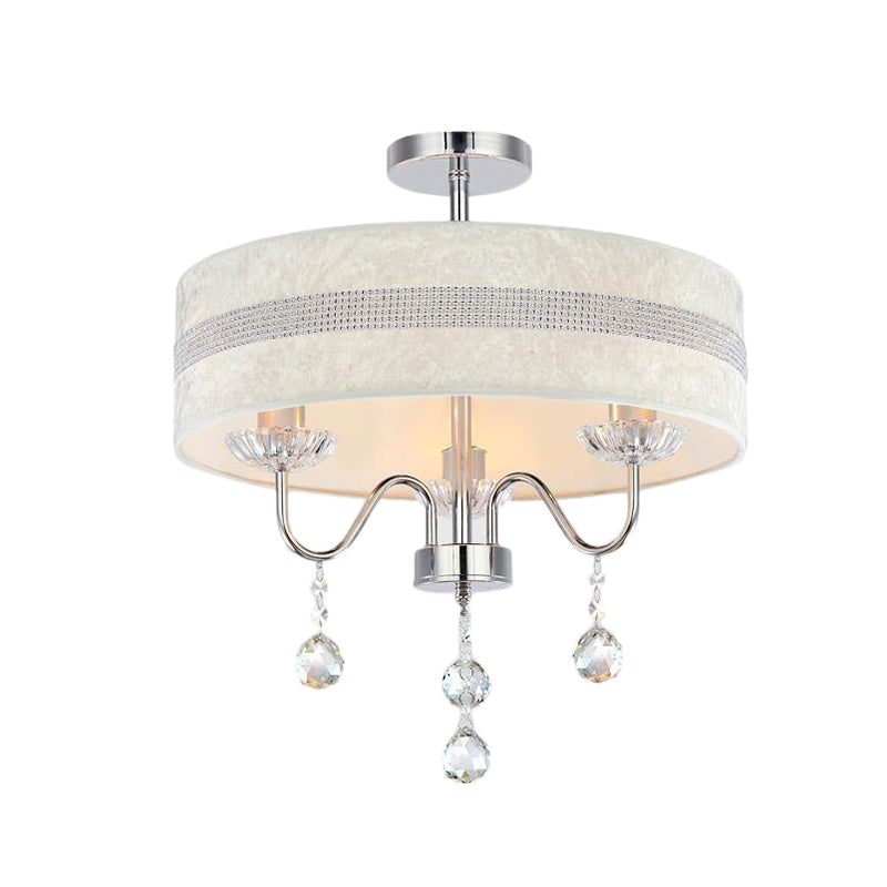 Nordic Drum Fabric Chandelier Light 3/4 Lights Ceiling Light with Crystal Drop in Chrome for Bedroom