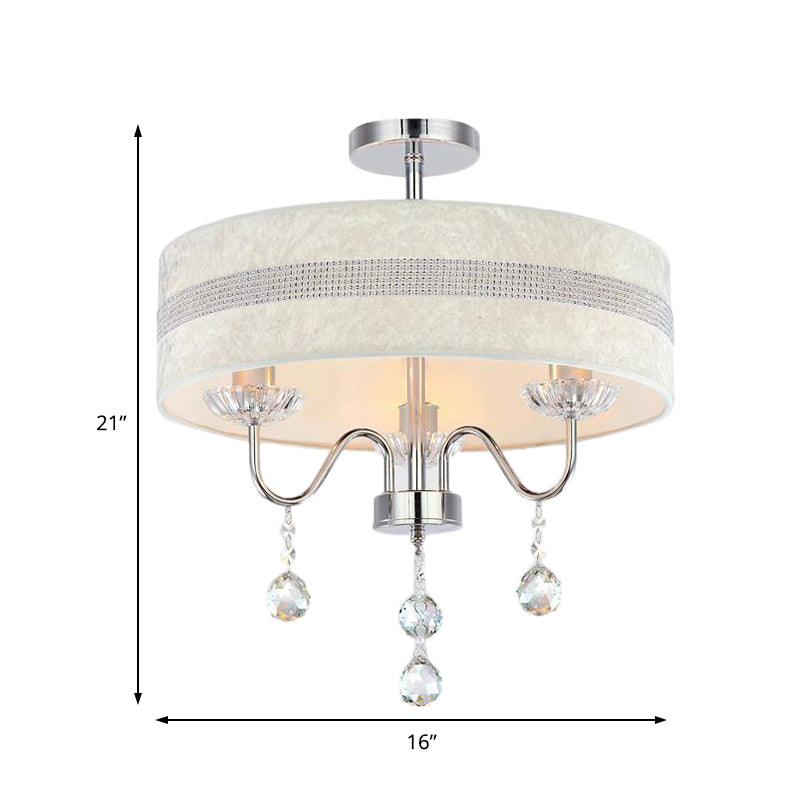 Nordic Drum Fabric Chandelier Light 3/4 Lights Ceiling Light with Crystal Drop in Chrome for Bedroom