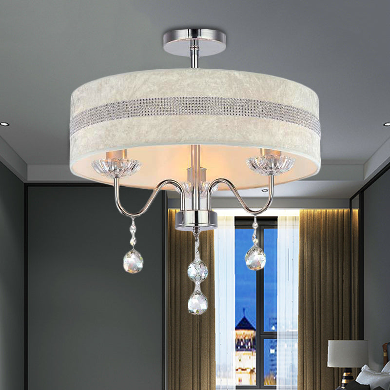 Nordic Drum Fabric Chandelier Light 3/4 Lights Ceiling Light with Crystal Drop in Chrome for Bedroom