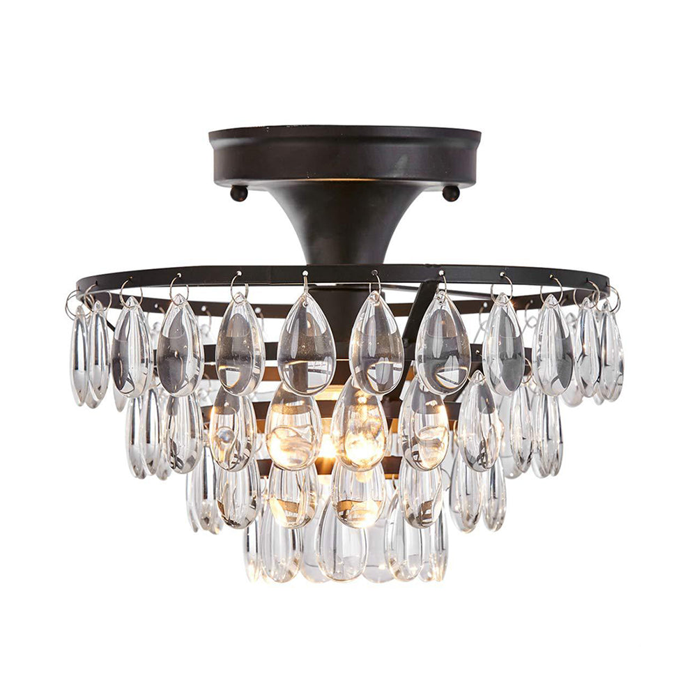 Taps toelopende semi -flush mount licht vintage traan kristal 1 licht zwart plafondspoeling voor woonkamer