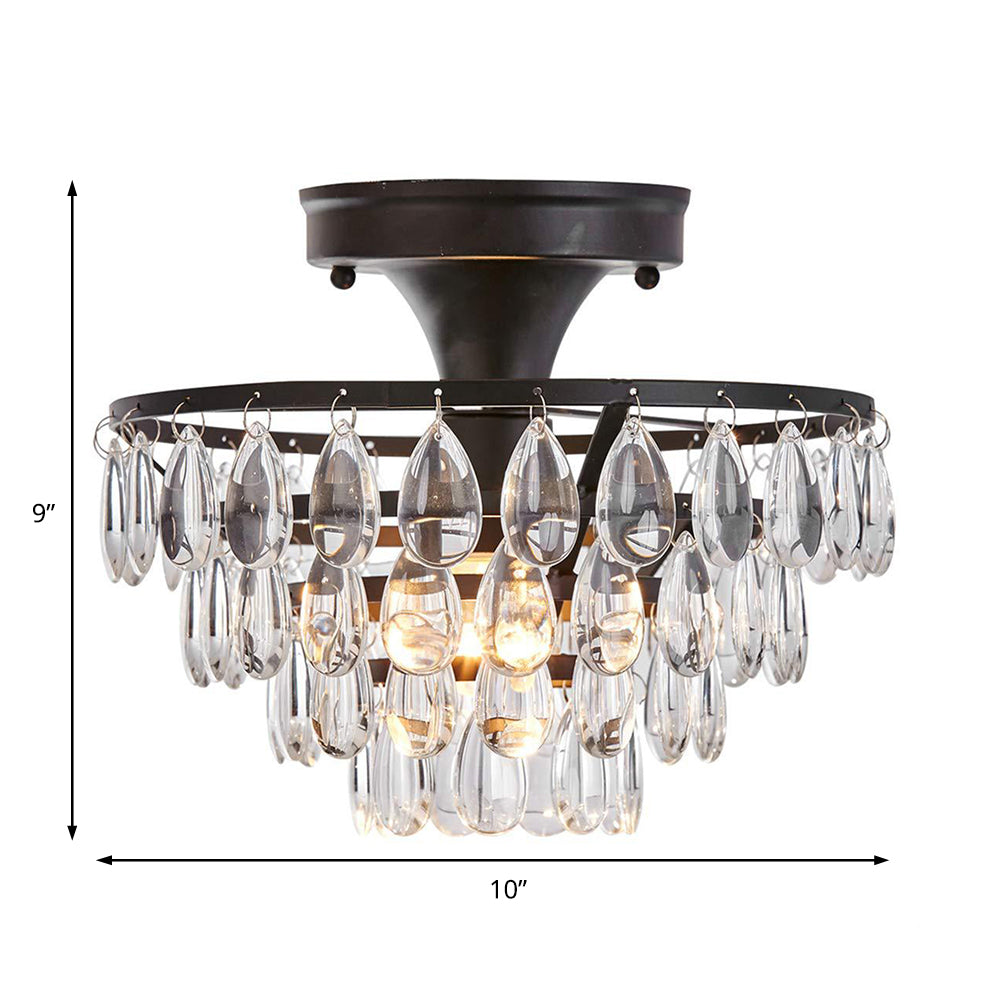 Taps toelopende semi -flush mount licht vintage traan kristal 1 licht zwart plafondspoeling voor woonkamer