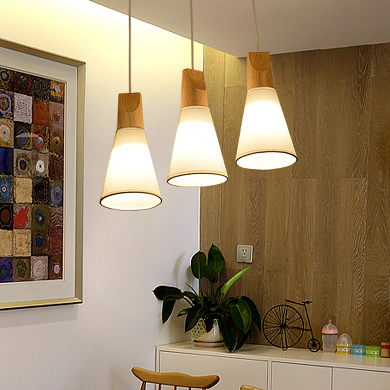 Taps toelopende suspensie licht eenvoud stof 1-licht eetkamer hanger lamp met houten bovenkant in het wit