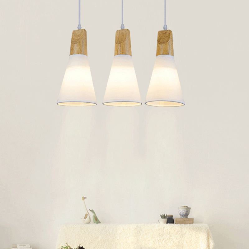 Tapered Suspension Light Simplicity Fabric 1-Light Dining Room Pendant Light Fixture with Wooden Top in White