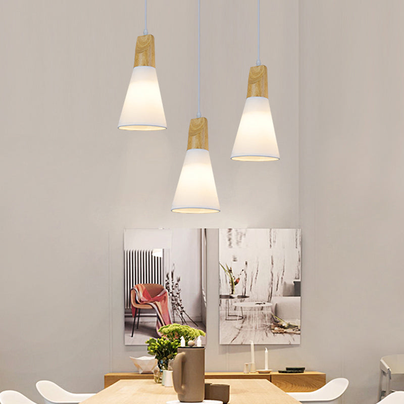 Tapered Suspension Light Simplicity Fabric 1-Light Dining Room Pendant Light Fixture with Wooden Top in White