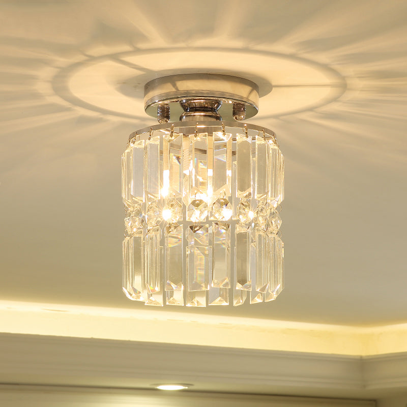 Cylinder Crystal Block Flush Mount Light Modern 1 Light Chrome Ceiling Light for Hallway