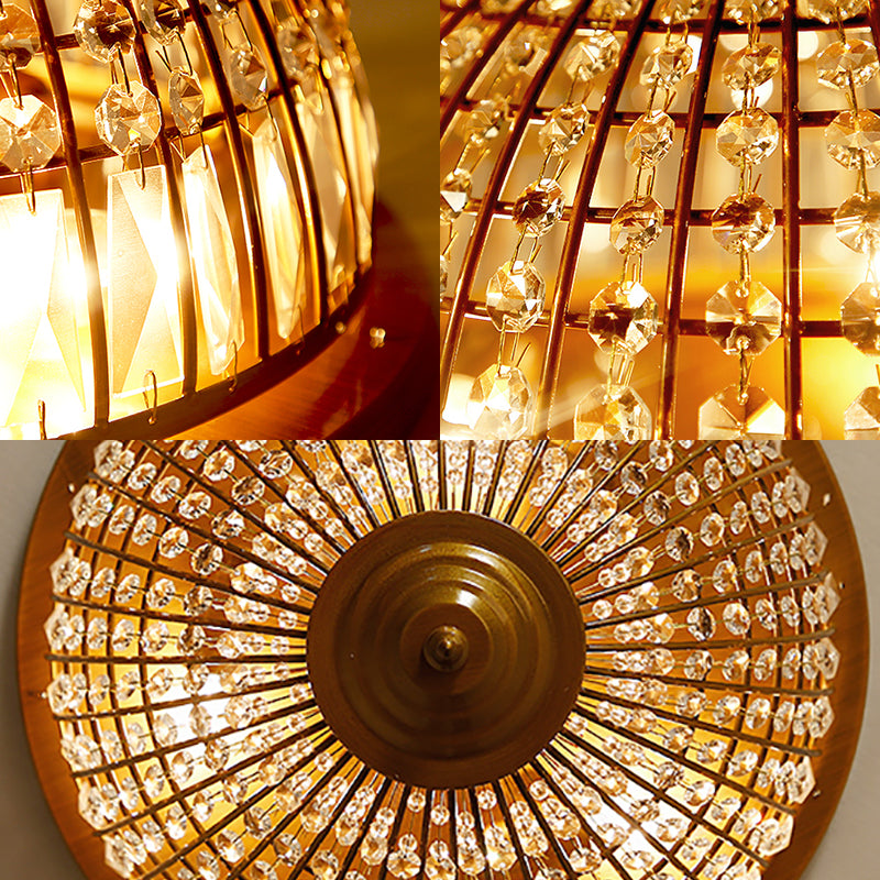 3 Lights Hallway Flush Mount Light with Dome Crystal and Metal Shade Postmodern Brass Ceiling Mount, 14"/18" Wide