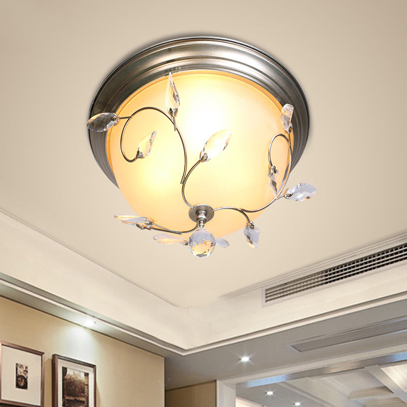 Modern 1 Light Ceiling Lamp with Frosted Glass Shade and Crystal Accent Nickel Dome Flush Light