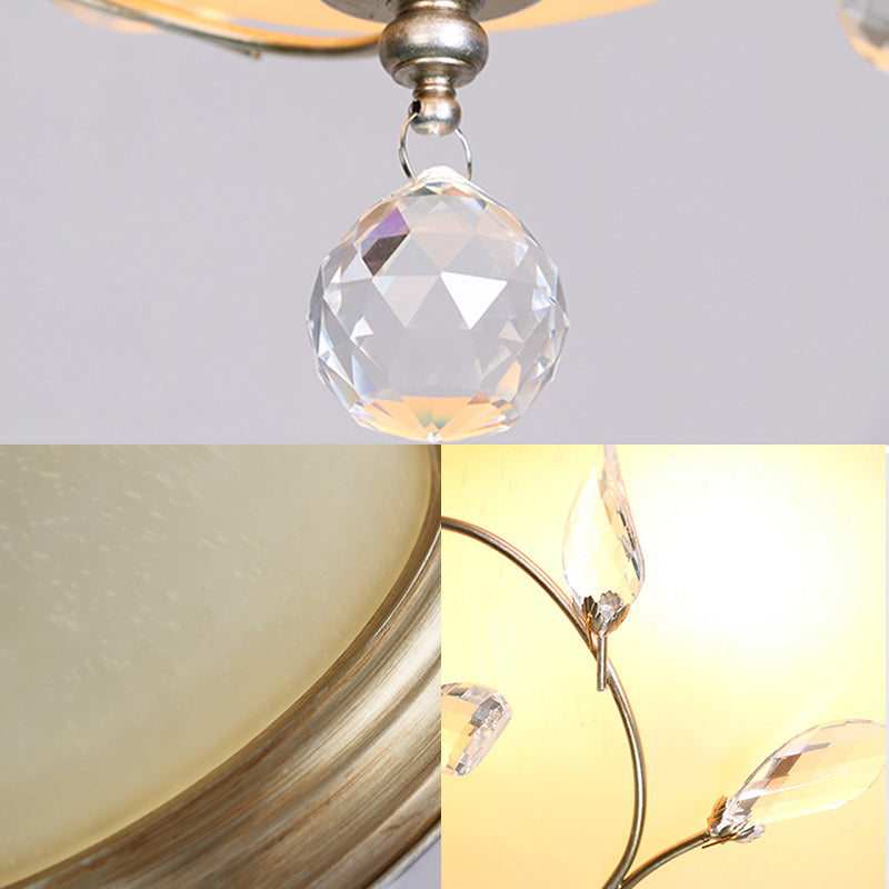 Modern 1 Light Ceiling Lamp with Frosted Glass Shade and Crystal Accent Nickel Dome Flush Light