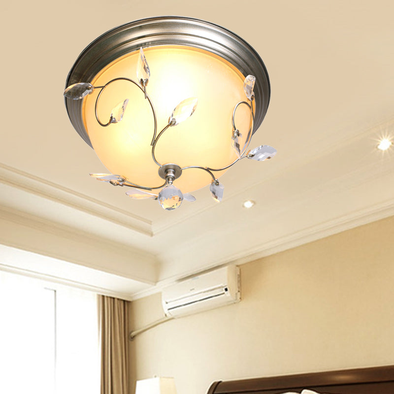 Modern 1 Light Ceiling Lamp with Frosted Glass Shade and Crystal Accent Nickel Dome Flush Light