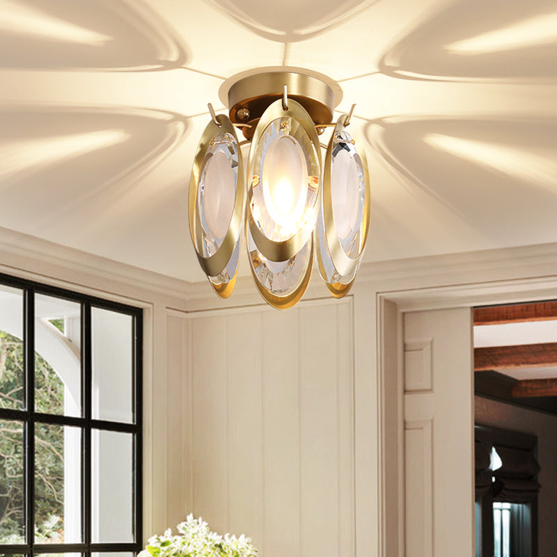 Oval Metal and Crystal Ceiling Light Fixture Modern 1 Light Brass Semi Flush Mount Light