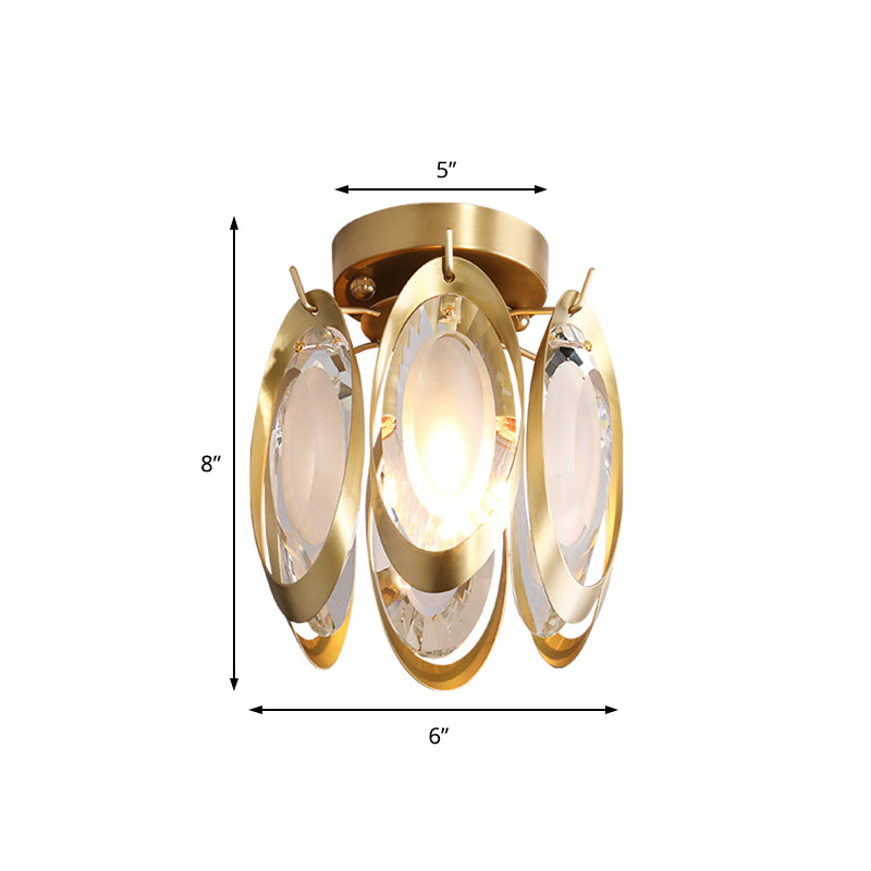 Oval Metal and Crystal Ceiling Light Fixture Modern 1 Light Brass Semi Flush Mount Light