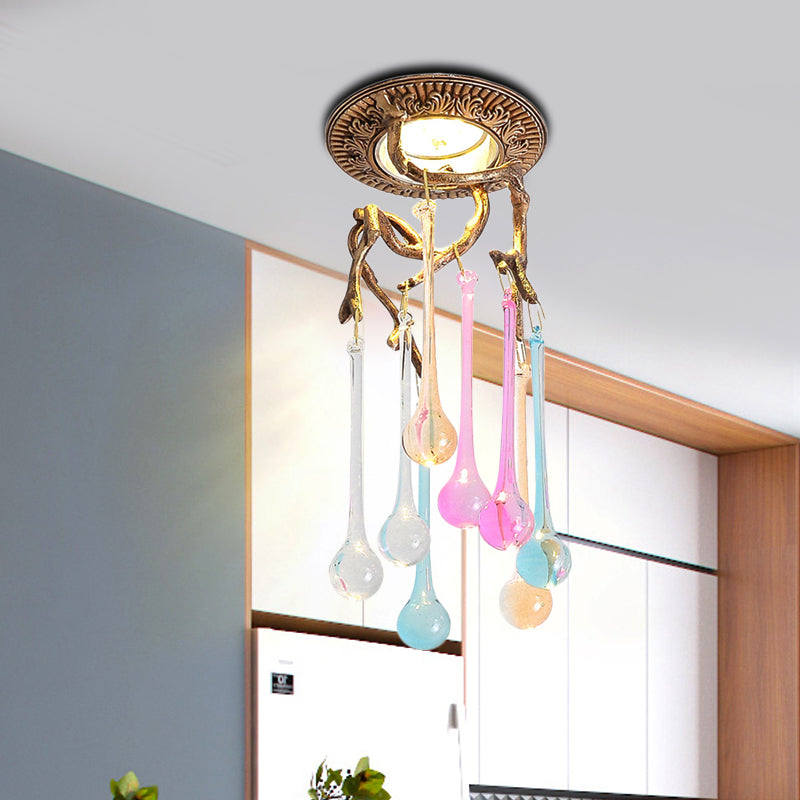 Branch Ceiling Light Vintage Blue-Purple/Clear Teardrop Crystal LED Bedroom Light Ceiling Light