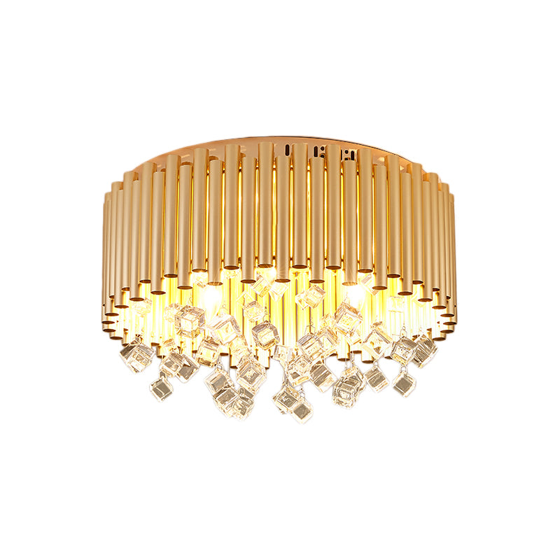 Plafonnier à tambour moderne avec abat-jour en métal, 4/5 lumières, plafonnier en laiton avec goutte de cristal cubique, 16 "/ 19,5" de diamètre