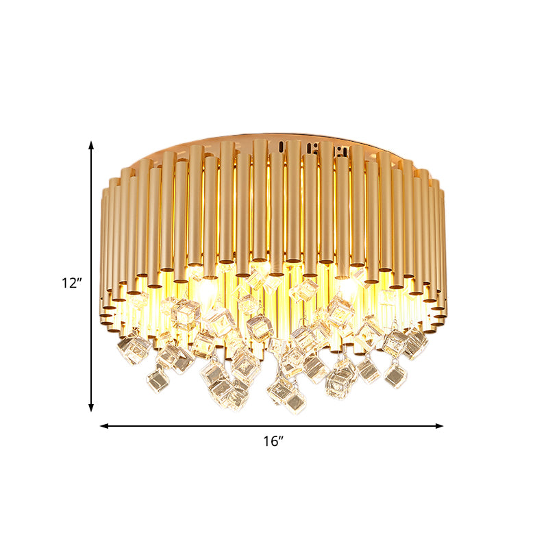 Drum Flush Light Modern Flute Metal Shade 4/5 Lights Messing Deckenleuchte mit kubischem Kristalltropfen, 16"/19,5" Durchmesser