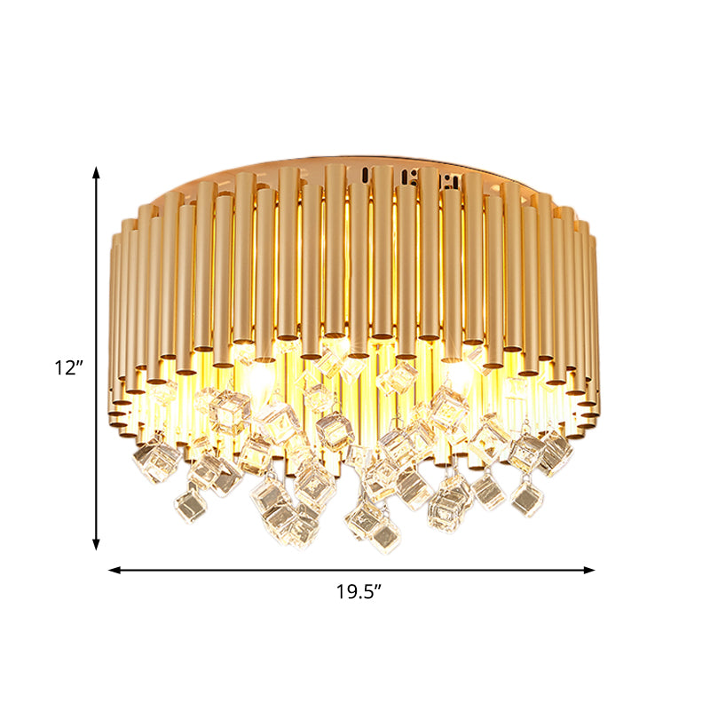 Drum Flush Light Modern Fluit Metal Shade 4/5 Lampen Koperen Plafond Lamp met Cubic Crystal Drop, 16 "/19.5" Dia