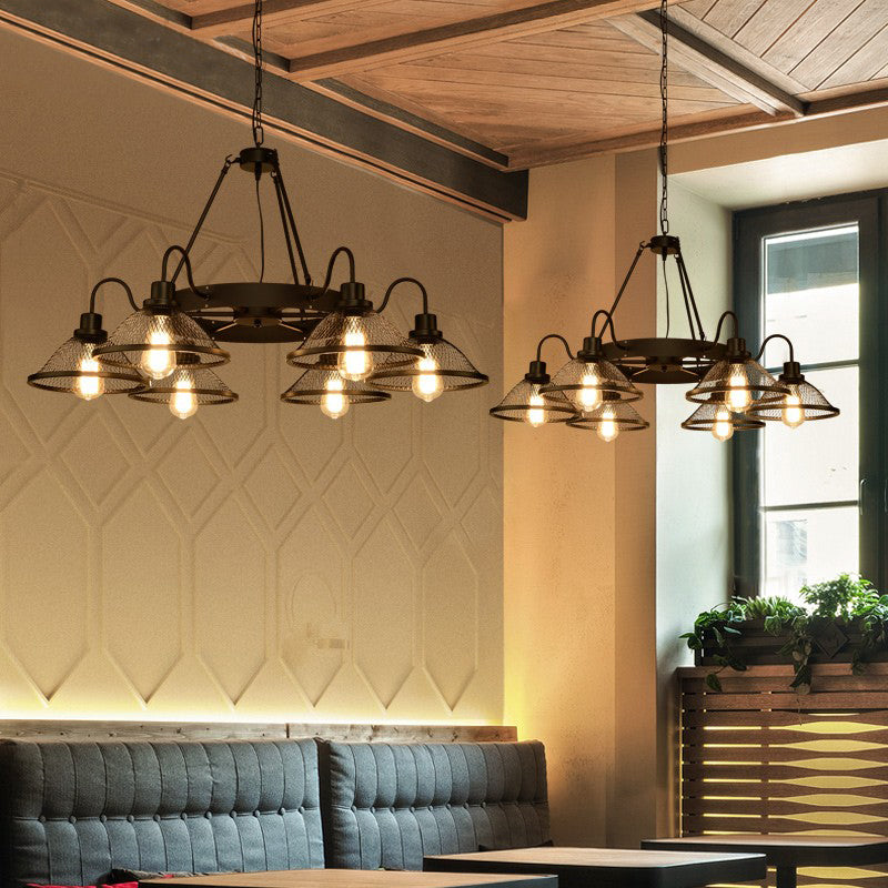 6/8-Light Flared Chandelier Lighting with Wire Mesh Shade Industrial Black Metal Down/Up Ceiling Light for Restaurant